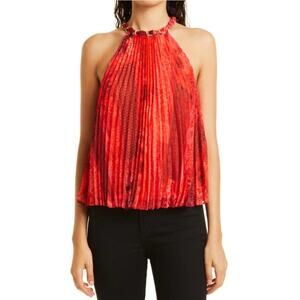 Alice + Olivia Alycia Red & Black Pleated Printed Chiffon Halter Top Gold Link S